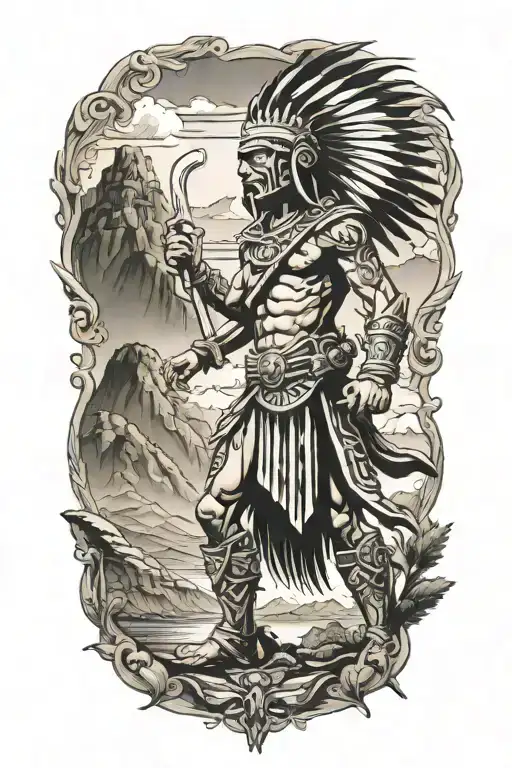 Historical Aztec warrior in a mountain landscape tattoo design idea