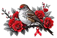 Robin sitting on branch surrounded by a lot of red roses with a cancer ribbon hanging off the end of it tattoo design idea