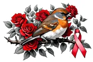 Robin sitting on branch surrounded by a lot of red roses with a cancer ribbon hanging off the end of it tattoo design idea