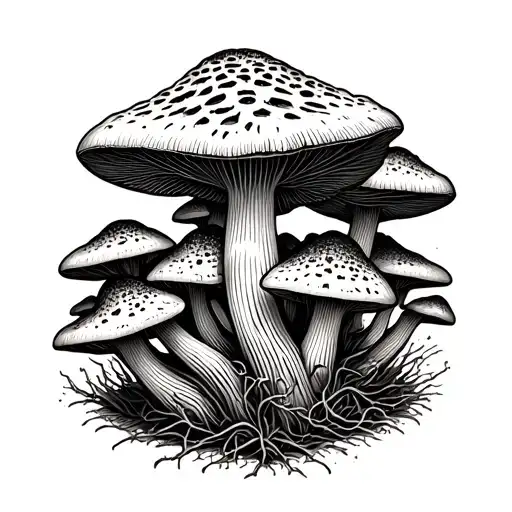 A detailed blackwork tattoo of a cluster of Morel mushrooms intertwined with science symbols tattoo design idea