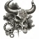 Lightning clouds in the background. A cow skull with a rattle snake wrapped around it. The snakes head above the skull h tattoo design idea