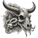 Lightning clouds in the background. A cow skull with a rattle snake wrapped around it. The snakes head above the skull h tattoo design idea