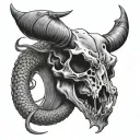 Lightning clouds in the background. A cow skull with a rattle snake wrapped around it. The snakes head above the skull h tattoo design idea