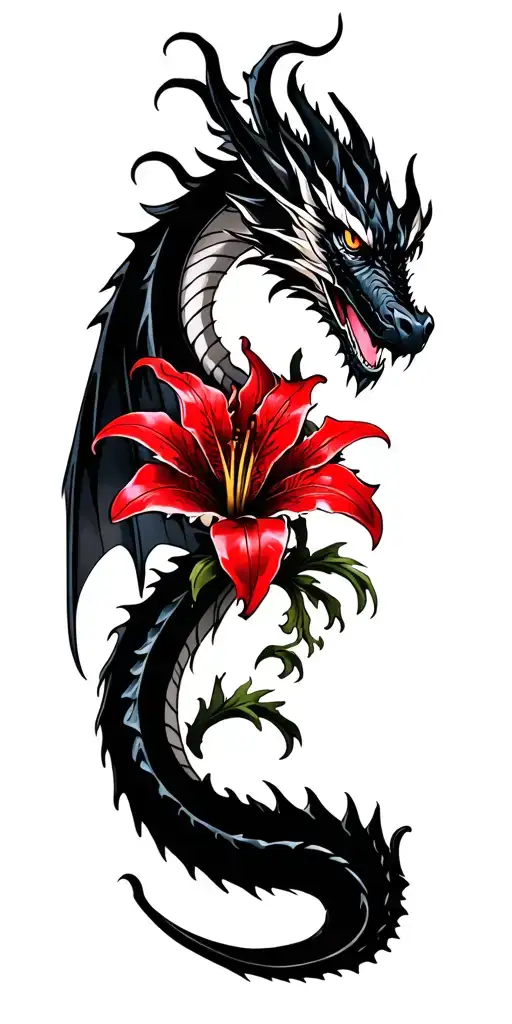 dragon with red lily black and white tattoo design idea