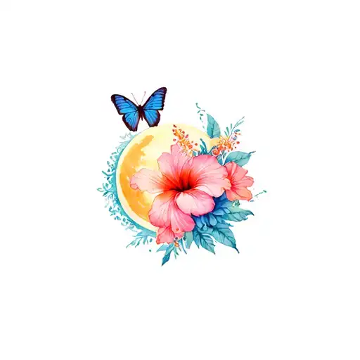 hibiscus, moon, sun, beach, butterflies, mandala tattoo design idea