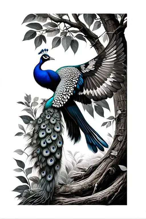 flying peacock preparing to pand on mango tree tattoo design idea