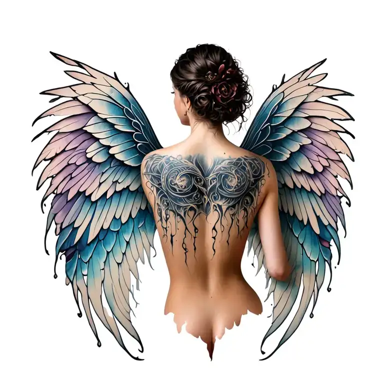 full length back tattoo of gothic fairy wings that have wholes and are a little torn up. base of wings look sewed in  tattoo design idea