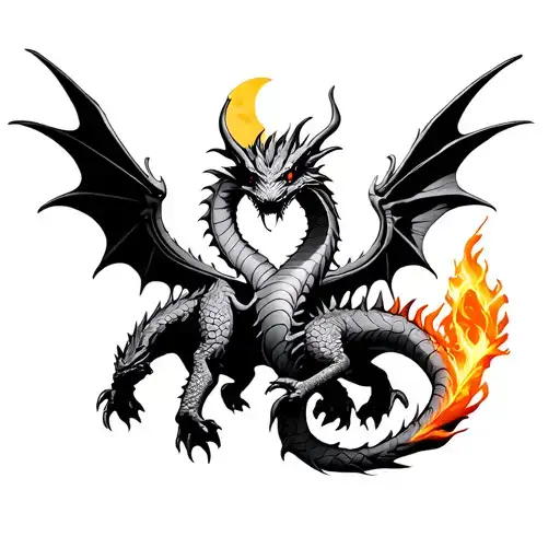 Three -headed dragon with wings and flame and moon tattoo design idea
