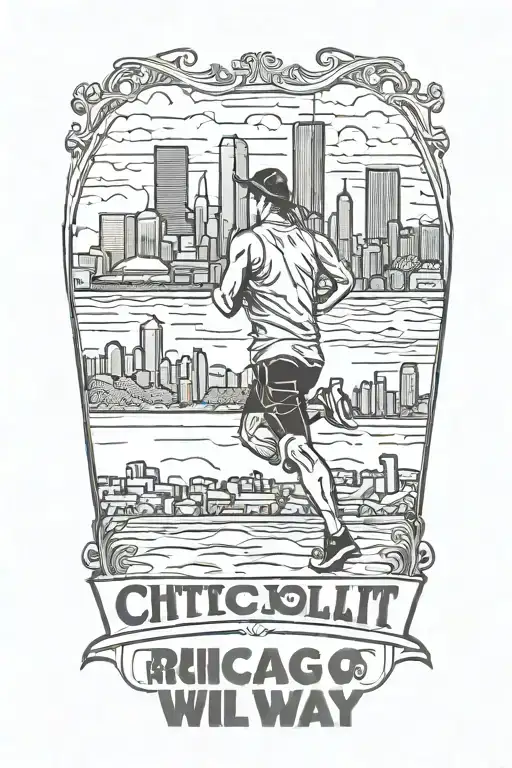 Runner sillouette with Chicago Skyline in background with Latin phrase "either I will find a way or I will do it" tattoo design idea