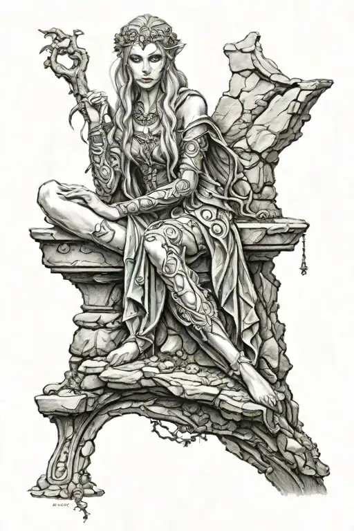 hyper realistic elven goddess sitting on stone wall tattoo design idea