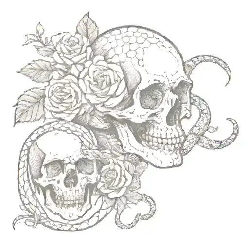 snake with pearls and skulls with dead roses  tattoo design idea