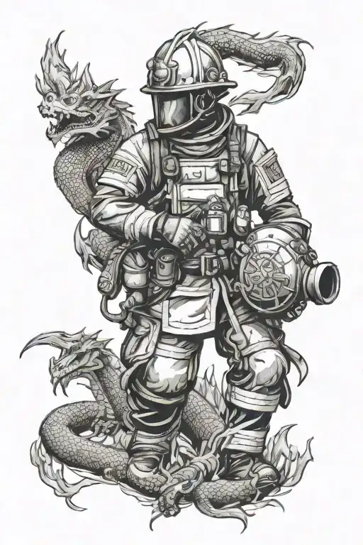 firefighter on one knee with his Helm and apparel facing fire dragon spirit, quote: strength and honor tattoo design idea