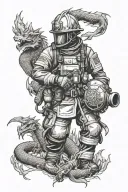 firefighter on one knee with his Helm and apparel facing fire dragon spirit, quote: strength and honor tattoo design idea