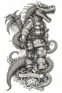 firefighter on one knee with his Helm and apparel facing fire dragon spirit, quote: strength and honor tattoo design idea