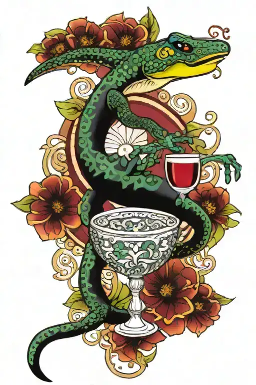 salamander and wine cup below mandala coloured tattoo design idea