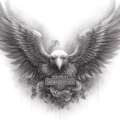 Harley Davidson emblem, eagle wings, roses tattoo design idea