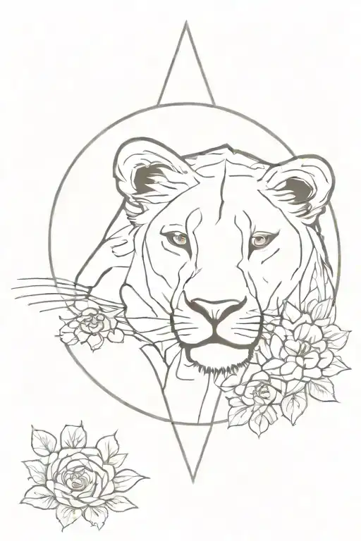 lioness, crown, mandala, flowers, minimalistic tattoo design idea