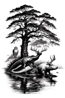 cypress tree in black water black shading with gator ,deer, and hog and a hootowl tattoo design idea