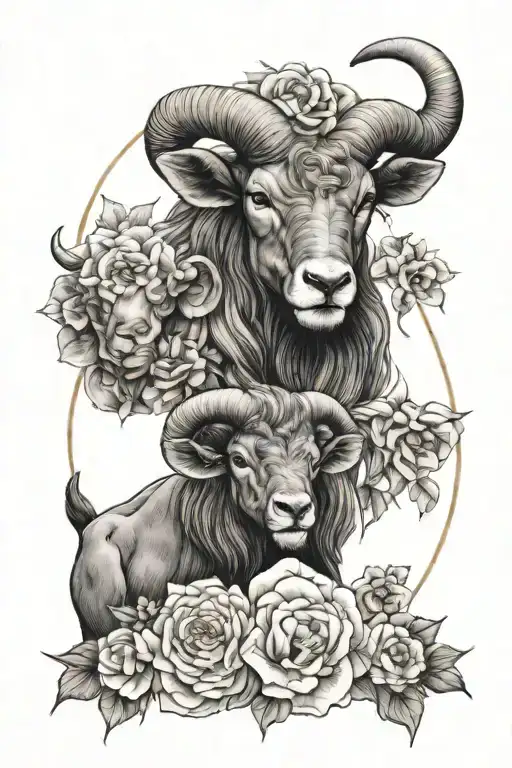aries and leo zodiac sign surround with april birth flower and August birth flower tattoo design idea
