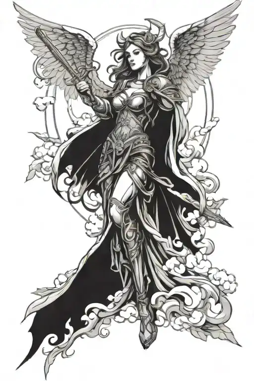 Female Angel warrior holding a sword surrounded by sunshine and cloud and sparrows tattoo design idea