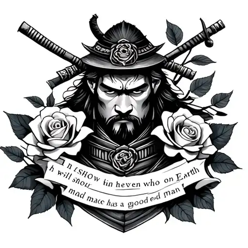 Samurai and roses in the tattoo design, and a short text with phrase "I will show in heaven who on Earth has made a good man" tattoo design idea