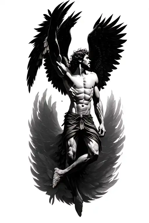 a men falling angel with feathers tattoo design idea
