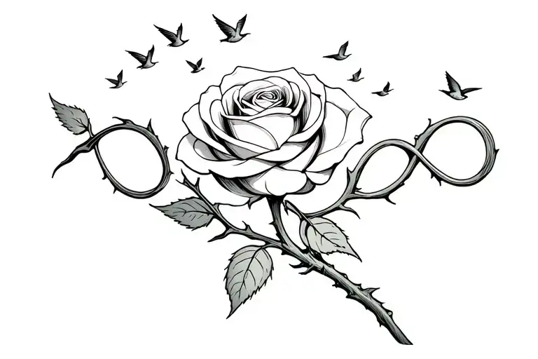 sideways rose with infinity symbol stem with the top thorns of stem turning into small birds flying up signifying heaven tattoo design idea