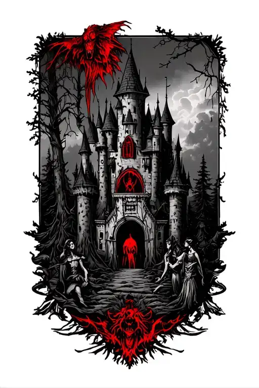 dracula red elements and very detailed and people impaled with a castle on my back in a forest  tattoo design idea