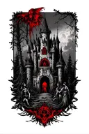 dracula red elements and very detailed and people impaled with a castle on my back in a forest  tattoo design idea