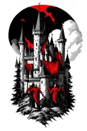 dracula red elements and very detailed and people impaled with a castle on my back in a forest  tattoo design idea