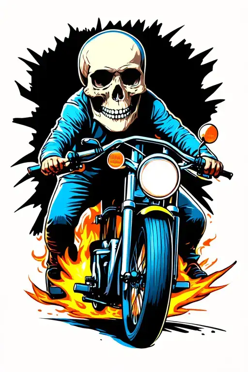 skull riding a bike and the bike is on fire in bluey theme tattoo design idea