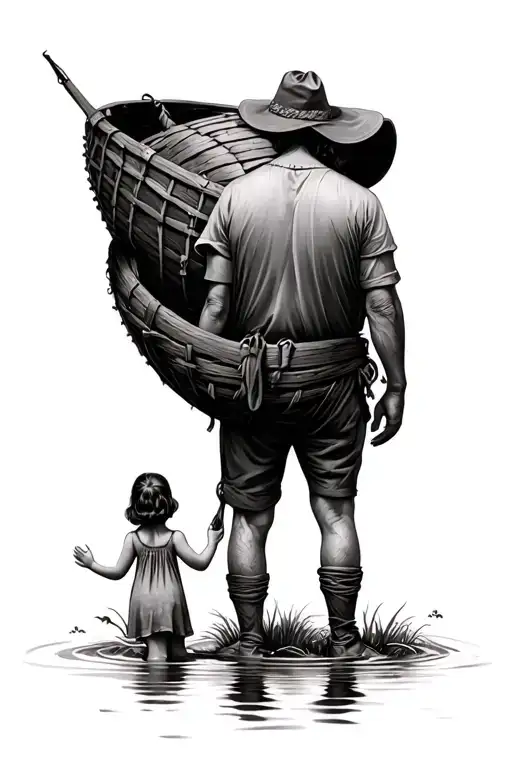 coracle fisherman with coracle strapped to his back, facing away holding hands with two little girls tattoo design idea