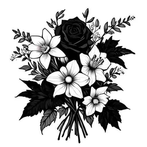 make a small, fine line, dainty black tattoo stencil of a bouquet with daffodils, larkspurs, gladiolus, and roses with a tattoo design idea