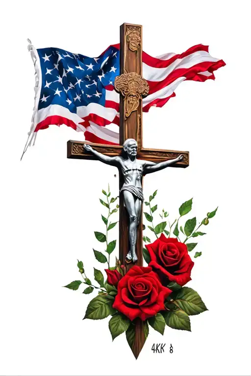 cross with grandpa in the middle with american flag and red roses  tattoo design idea
