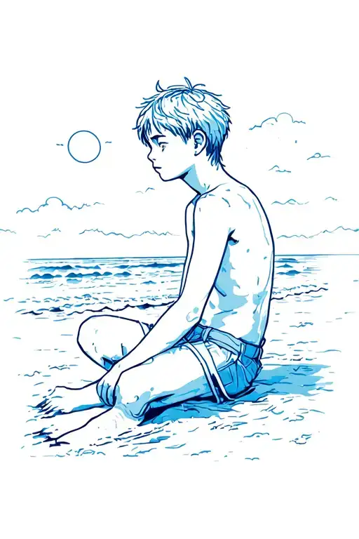 beach, lost child boy sitting, sunrise tattoo design idea