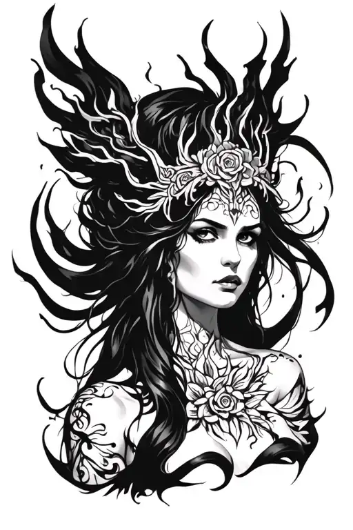 dark goddess Lilith with power surrounding her direct stare tattoo design idea