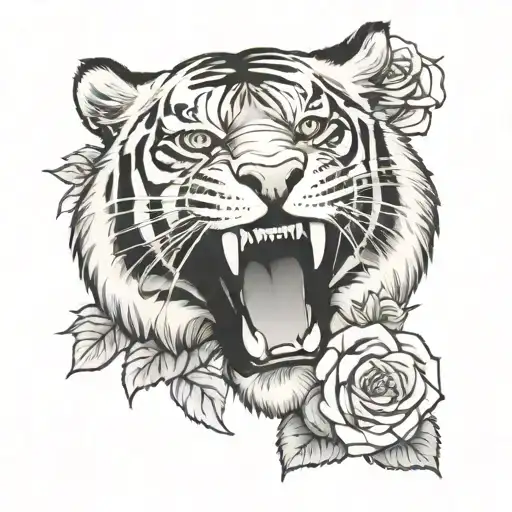 Tiger with open Mouth and Roses and Boxing tattoo design idea
