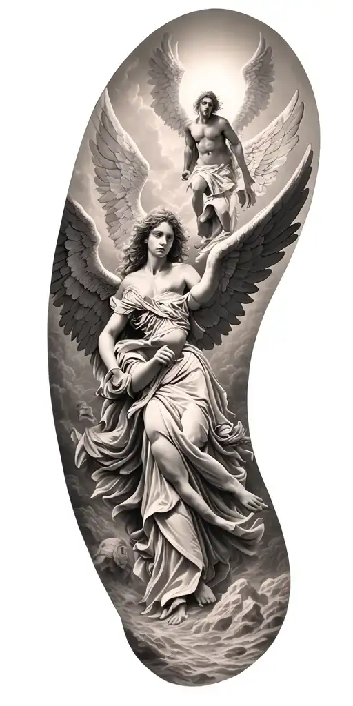 angels going through gates of heaven while fighting demons trapped in hell tattoo design idea
