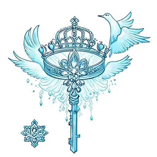 ocean a key princess crown one dove and a cross  tattoo design idea