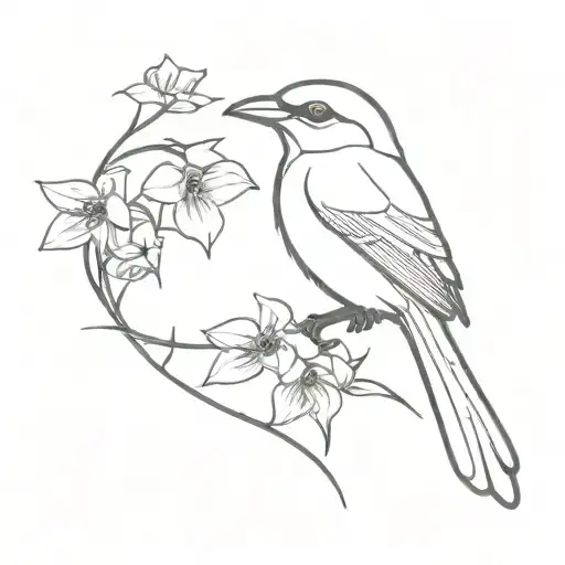 shrike perched on violet flowers  tattoo design idea
