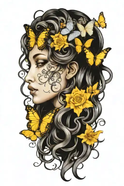 gorgeous medusa head with flowers surrounding her and butterflies  tattoo design idea