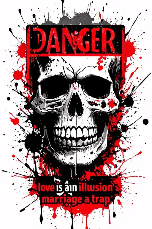 a danger warning sign using skull with text underneath "love is an illusion:marriage a trap" tattoo design idea