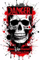 a danger warning sign using skull with text underneath "love is an illusion:marriage a trap" tattoo design idea
