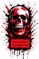 a danger warning sign using skull with text underneath "love is an illusion:marriage a trap" tattoo design idea