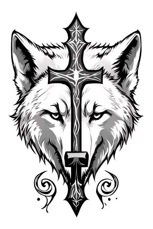 wolf and cross tattoo tattoo design idea