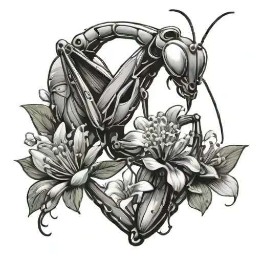 praying mantis with flowers tattoo design idea