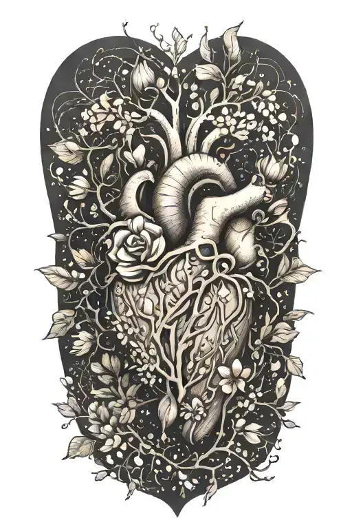 birth flower bouquet with May, August, October, November, February flowers connected  tree branches and anatomical heart tattoo design idea
