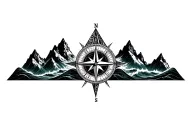 large compass surrounded by intricate geometric mountains and crashing waves, black and white, add triangle frame tattoo design idea