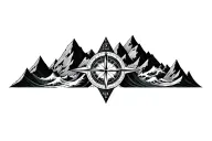 large compass surrounded by intricate geometric mountains and crashing waves, black and white, add triangle frame tattoo design idea