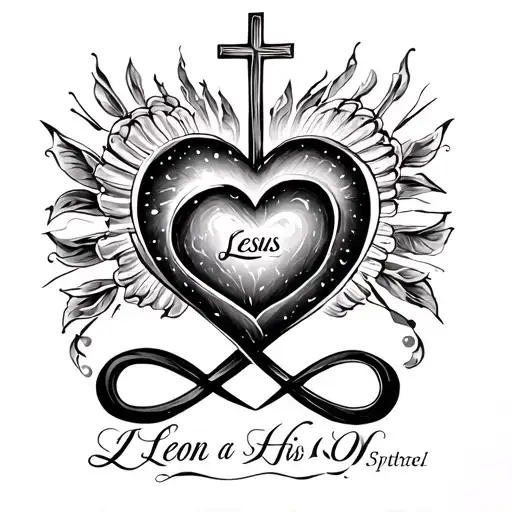 A tattoo of a heart with an infinity sign, including a cross for Jesus, the name 'Leon' and his birth tattoo design idea